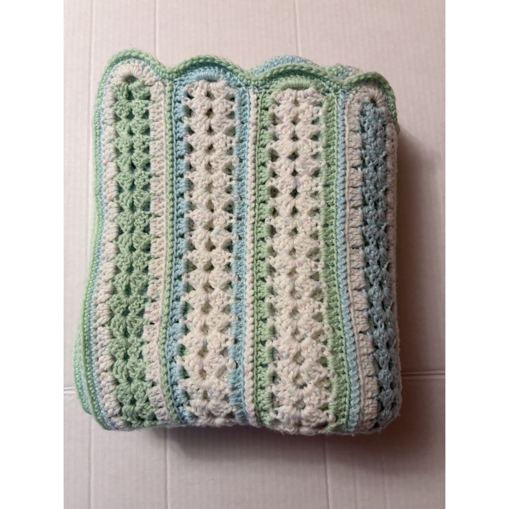2pc Handmade Crochet Baby Blanket Set Pastel Mint Blue White Ripple & Block